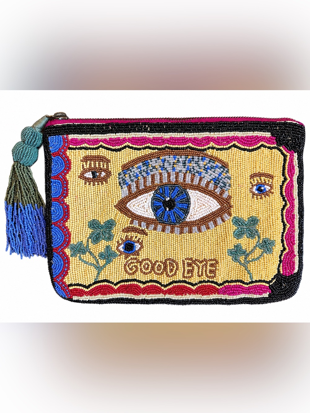 Anthropologie Nathalie Lété Evil Eye Beaded Clutch Pouch Bag EUC